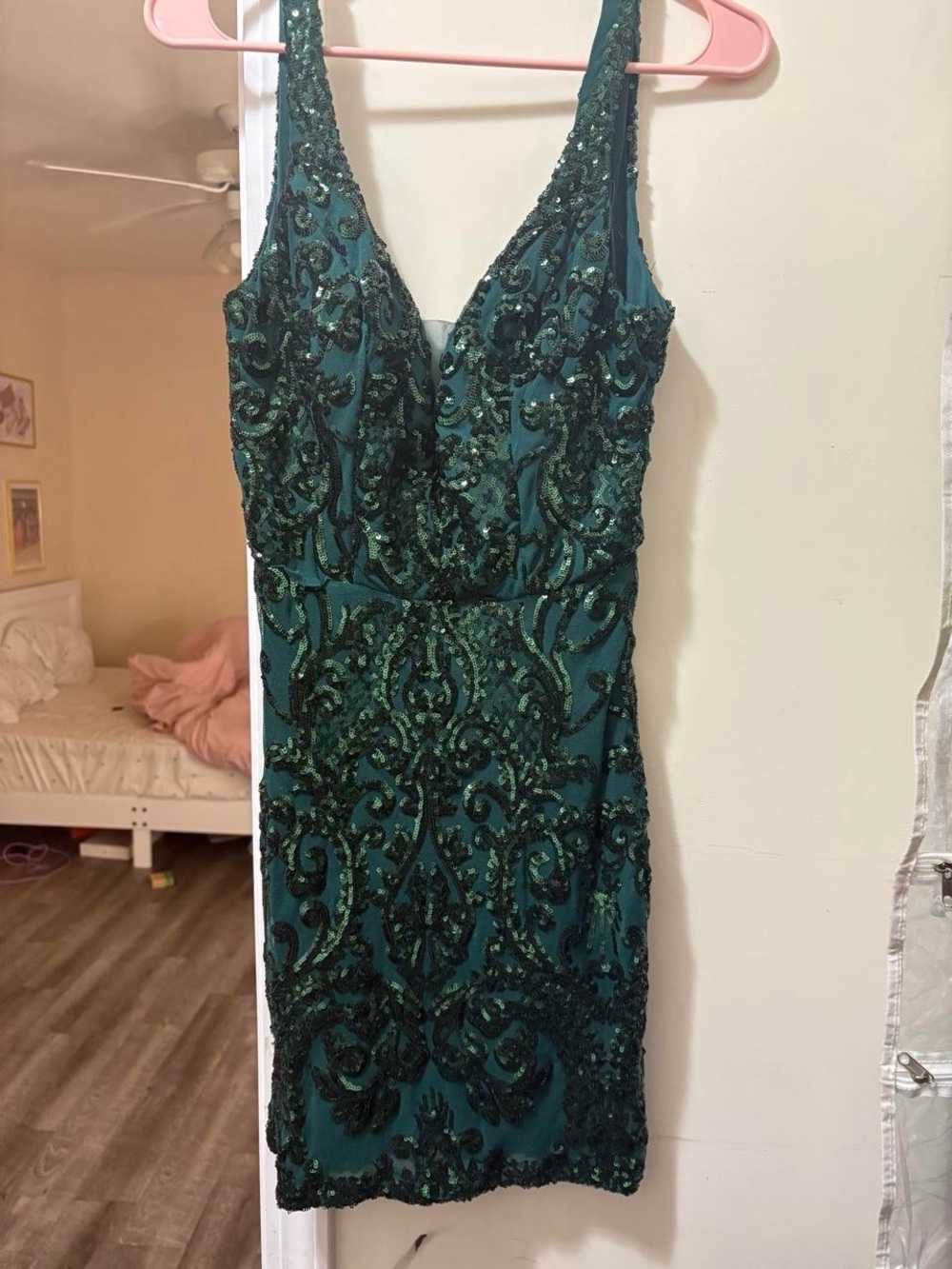 Darling Teal Beaded V-Neck Mini Dress